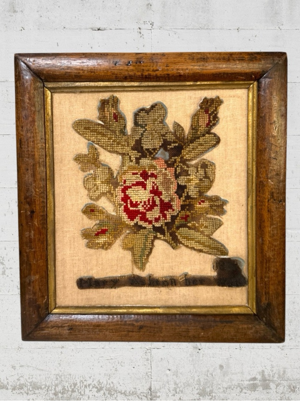 ANTIQUE PRE 1900 FRAMED NEEDLEPOINT